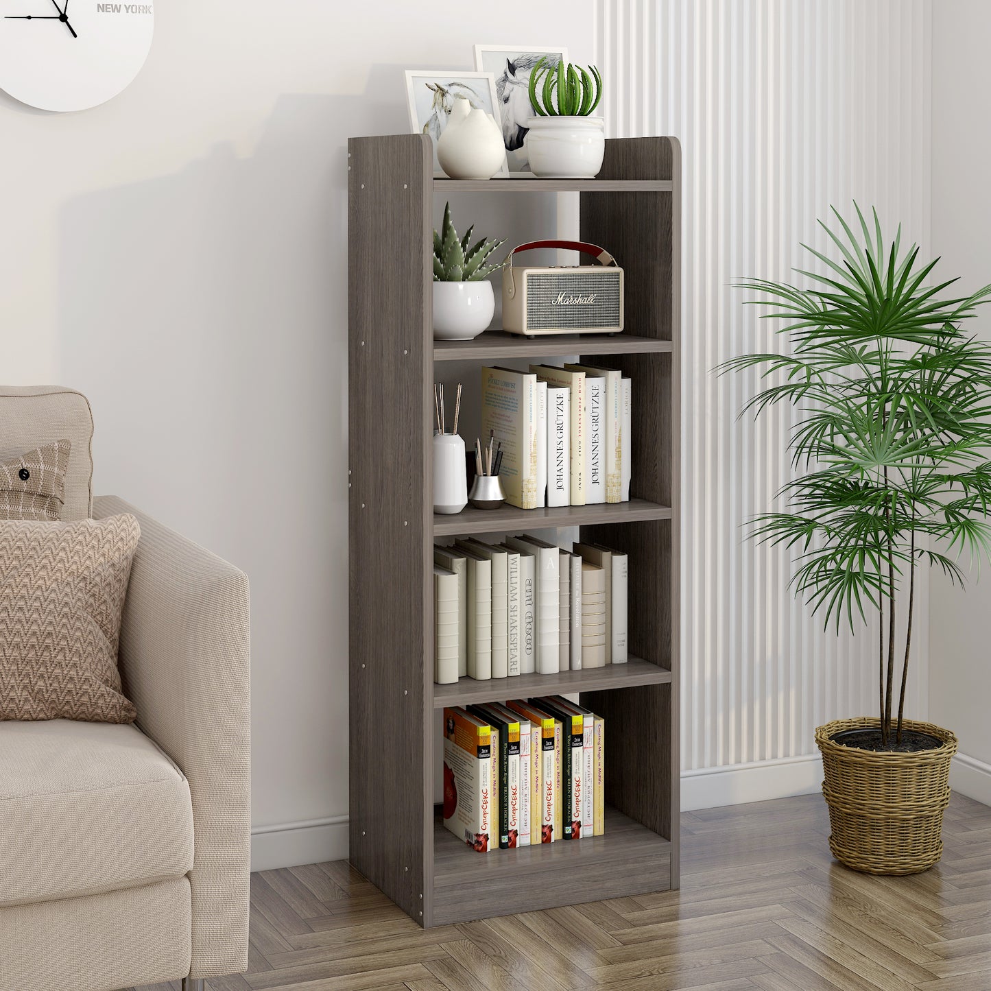 Essentia 4-Tier Storage Shelf Bookcase Shelving Unit Organizer (Driftwood Grey)