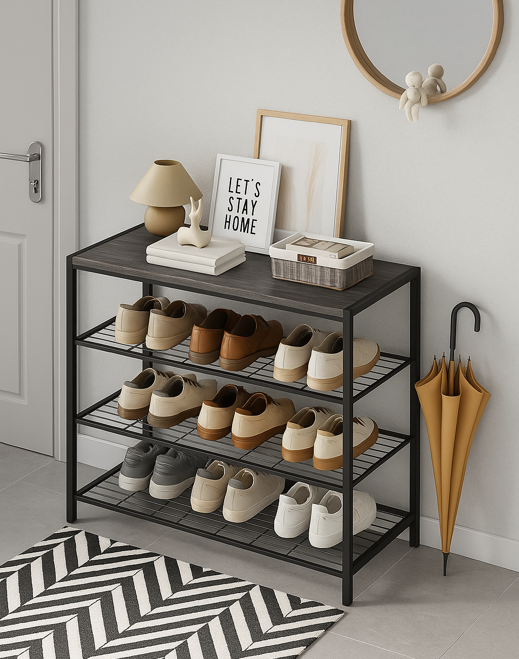 Vita 4-Tier Wood & Metal Shoe Rack Storage Shelf Organiser (Driftwood Grey)