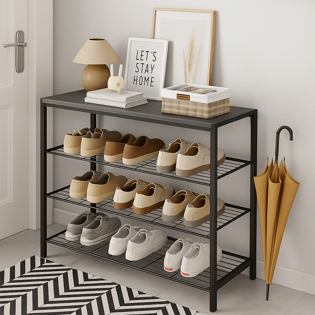 Vita 4-Tier Wood & Metal Shoe Rack Storage Shelf Organiser (Driftwood Grey)