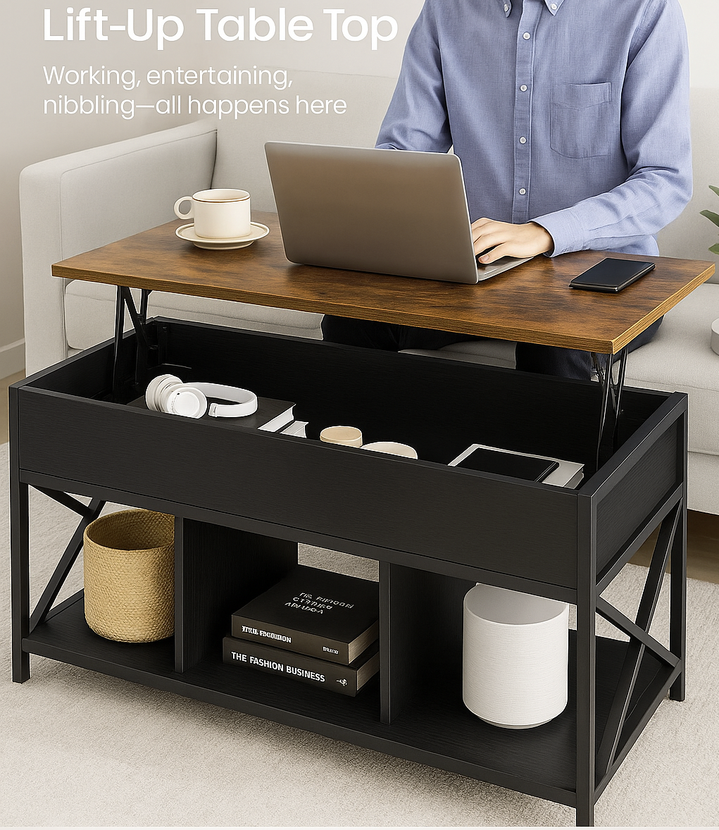 Elara Multifunction Lift Top Coffee Table with Hidden Storage Shelf Organizer
