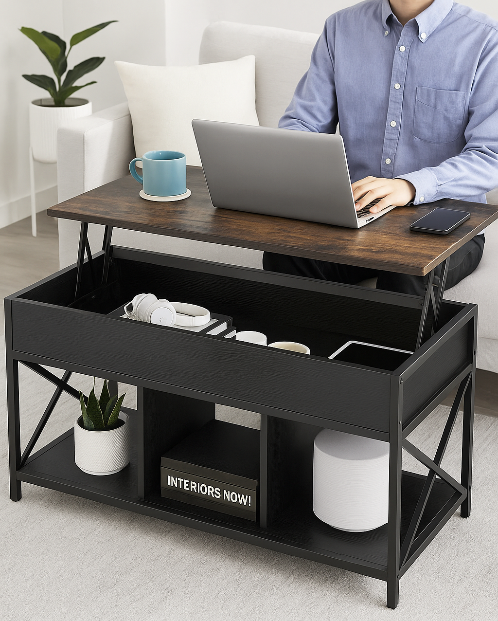 Elara Multifunction Lift Top Coffee Table with Hidden Storage Shelf Organizer