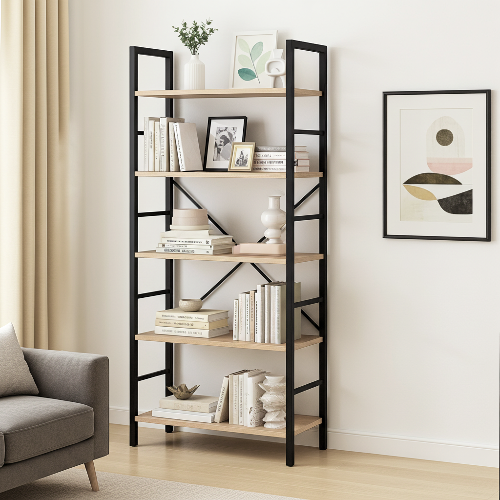 5 Tier Multifunction Heavy Duty Bookcase Wood & Steel Storage Shelf Organizer (Coastal Oak)