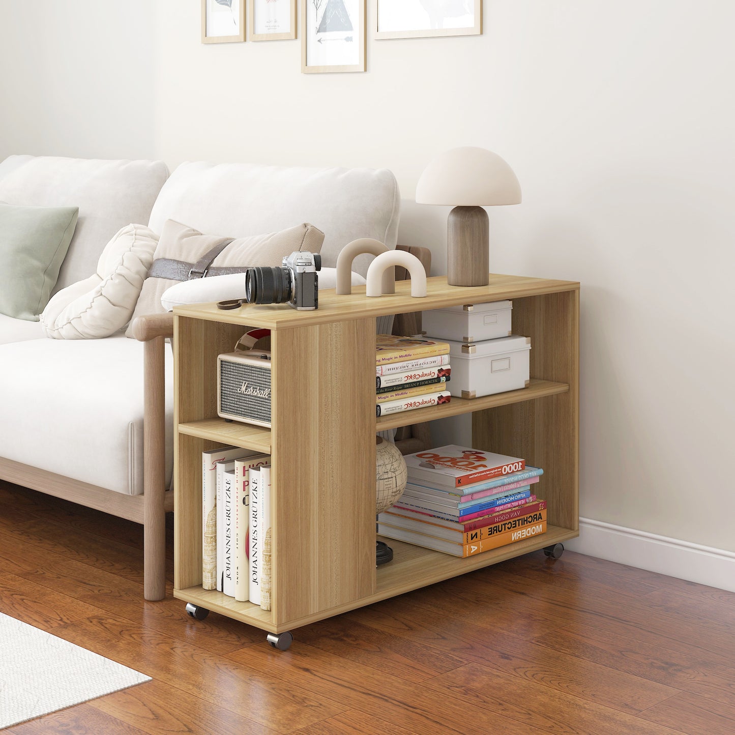 Large Versatile Sofa Side Table & Magazine Shelf with Casters (Oak)