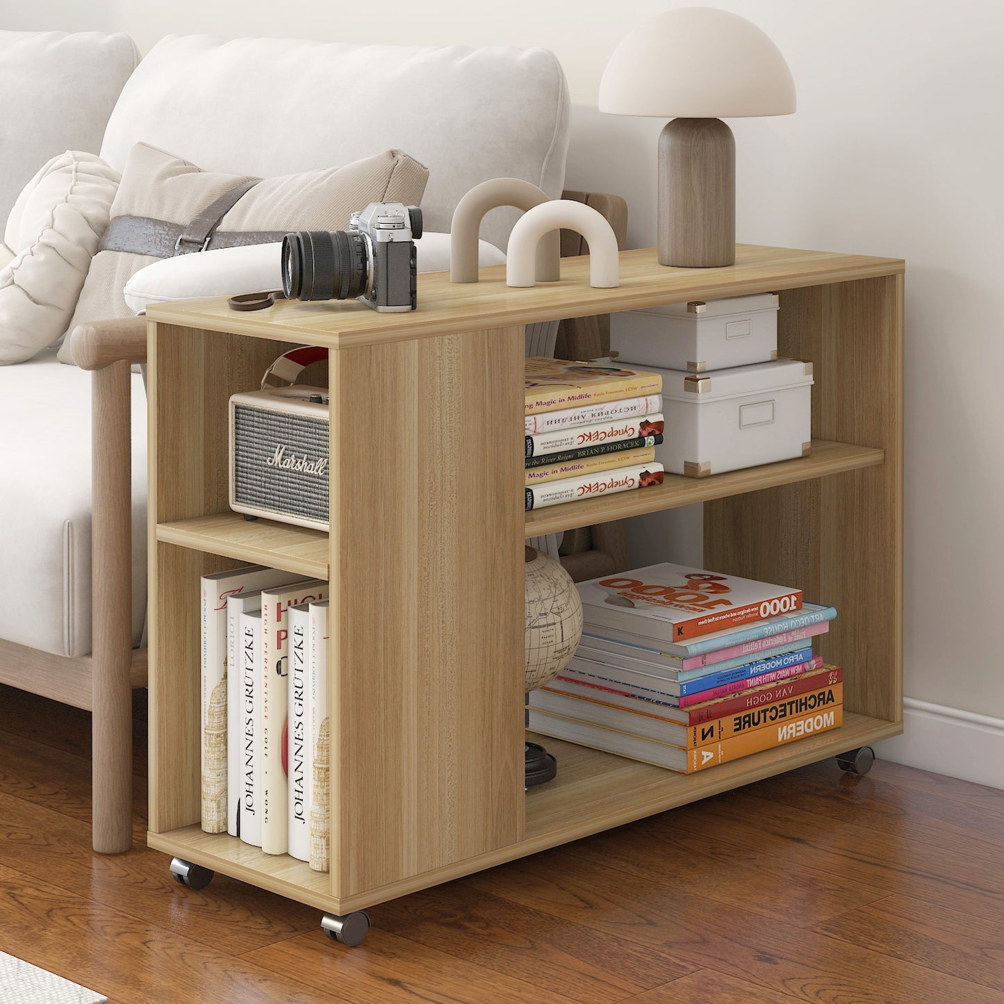 Large Versatile Sofa Side Table & Magazine Shelf with Casters (Oak)