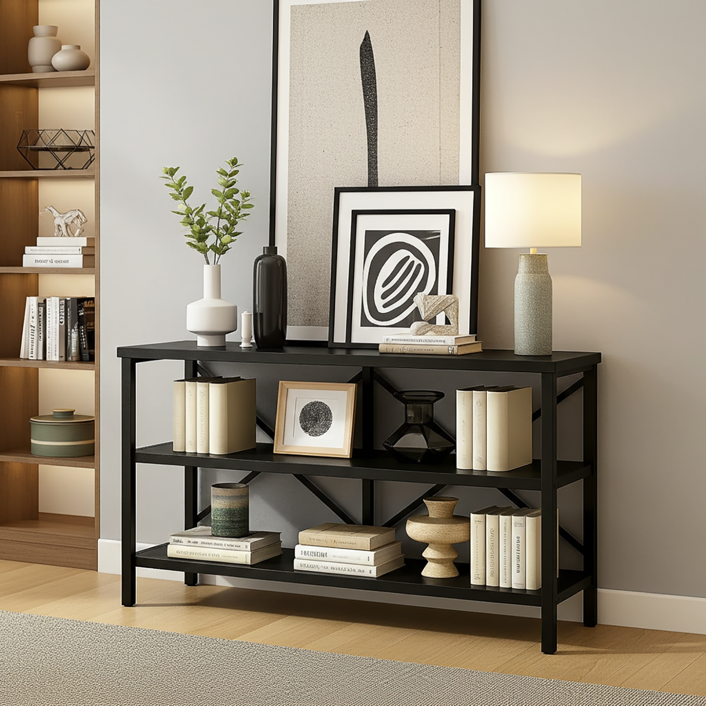 Serenity Industrial Console Table Bookcase TV Stand Storage Shelf Unit (Black)