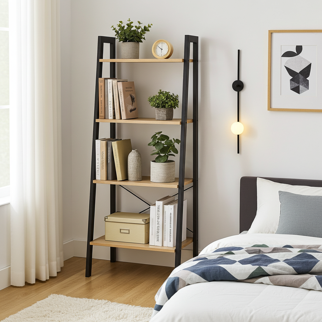 Elevate Rustic Oak 4-Tier Ladder Shelf Wood & Metal Bookcase Storage Organizer