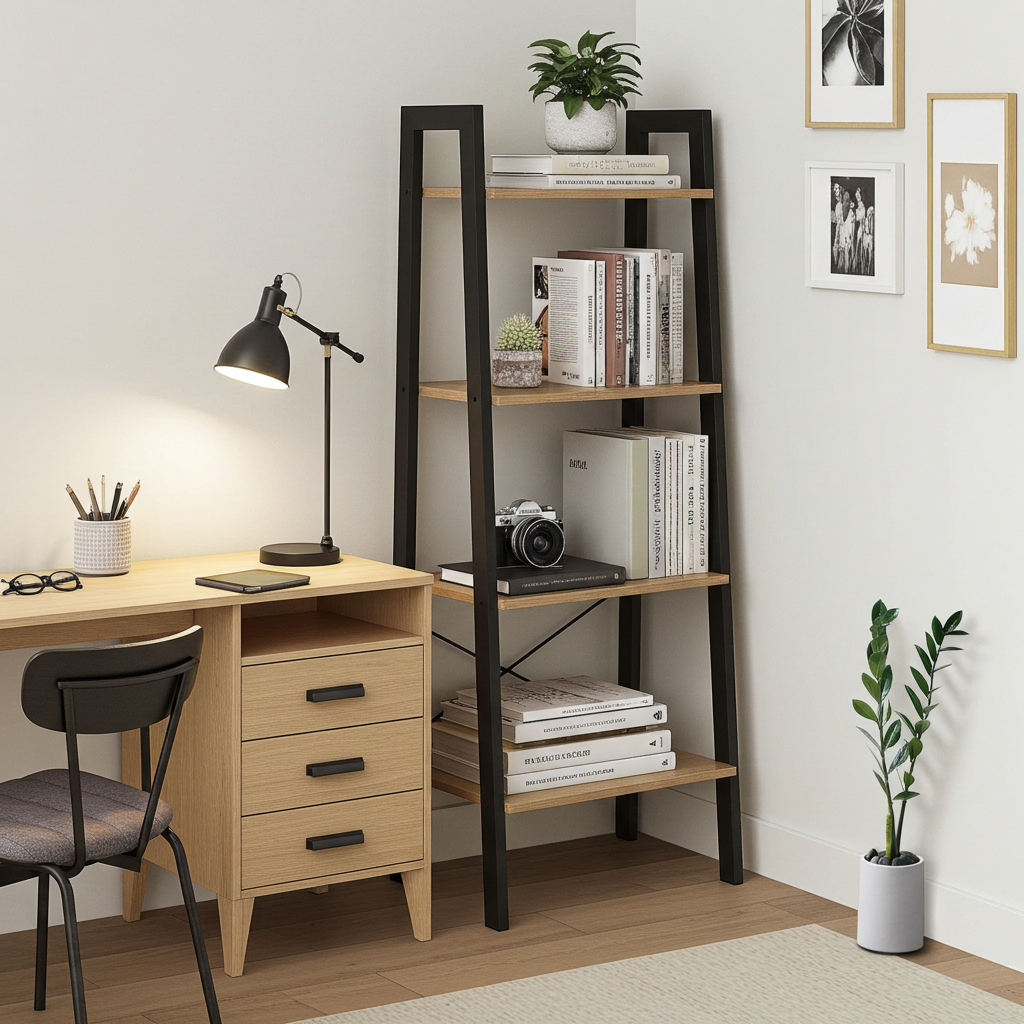 Elevate Rustic Oak 4-Tier Ladder Shelf Wood & Metal Bookcase Storage Organizer
