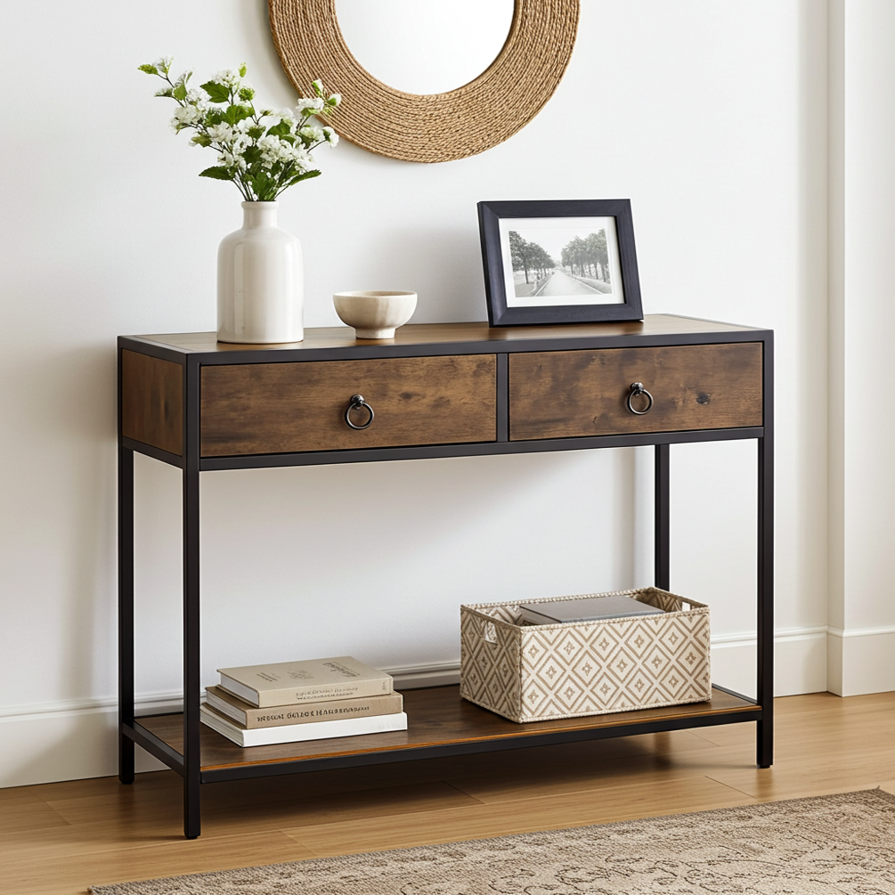 Essence Rustic Console Table with Drawers Hallway Entry Storage Shelf
