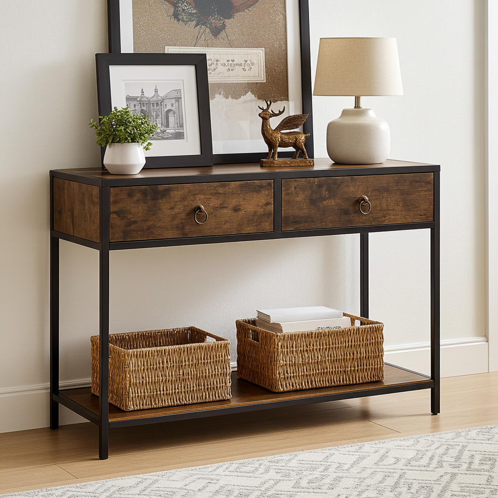 Essence Rustic Console Table with Drawers Hallway Entry Storage Shelf