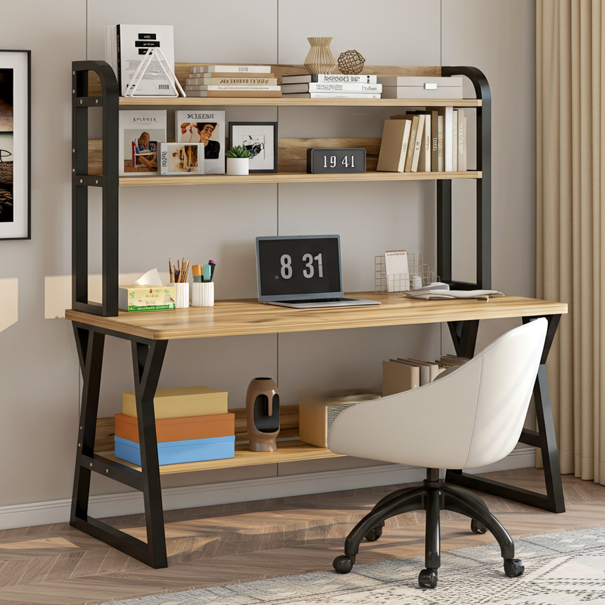 Aspire Large Industrial Office Computer Desk Workstation with Bookshelf (Oak)