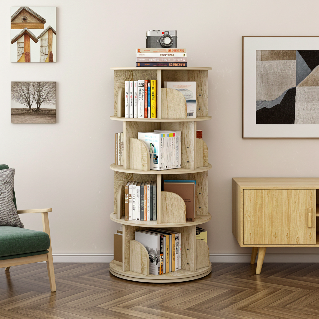Sanctuary 360-degree Rotating 4 Tier Display Shelf Bookcase Organiser (Coastal Oak)