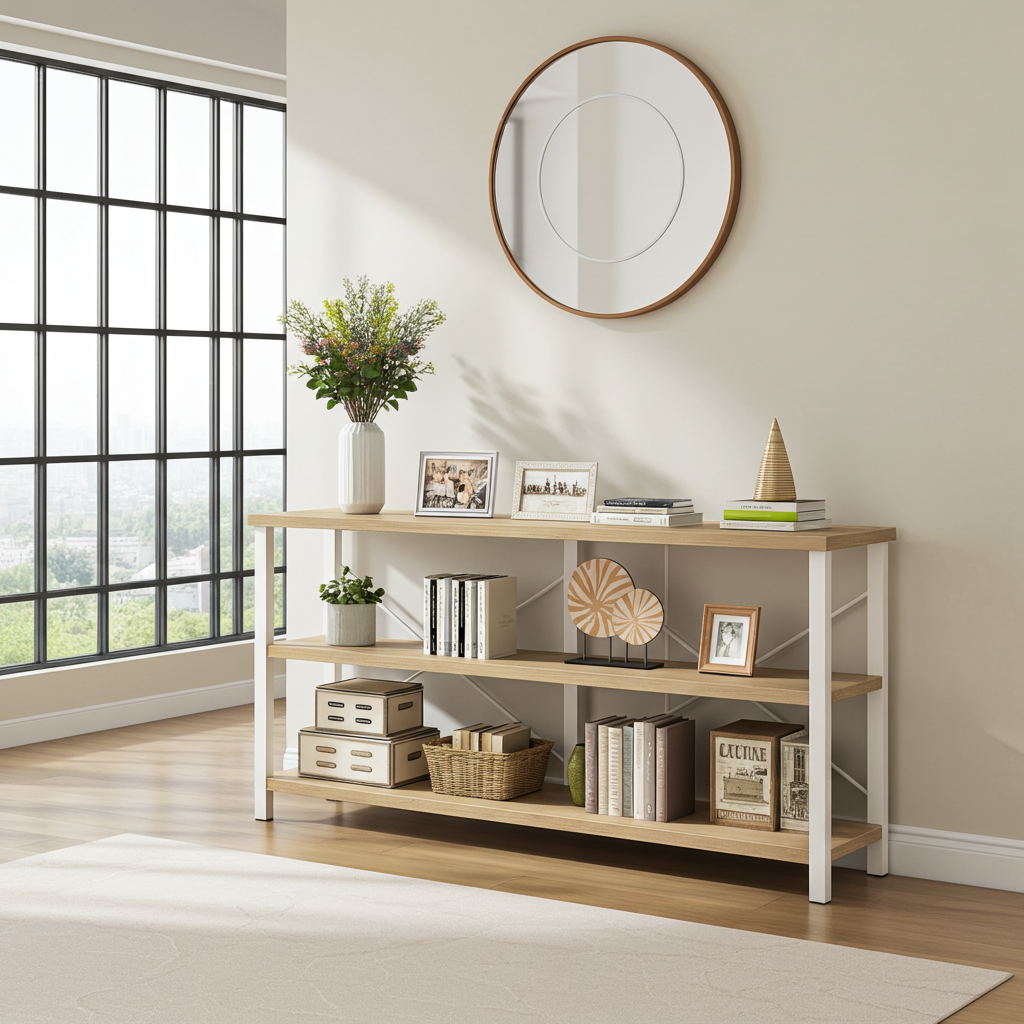 Serenity Industrial Console Table Bookcase TV Stand Storage Shelf Unit (Coastal Oak)