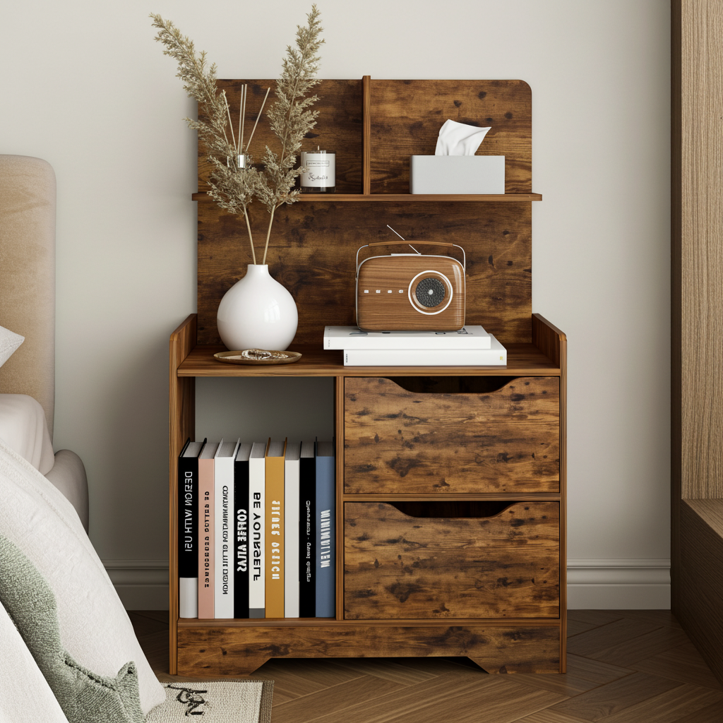 Harmony Tall Rustic Bed Side Table with Chest of Drawers and Shelf