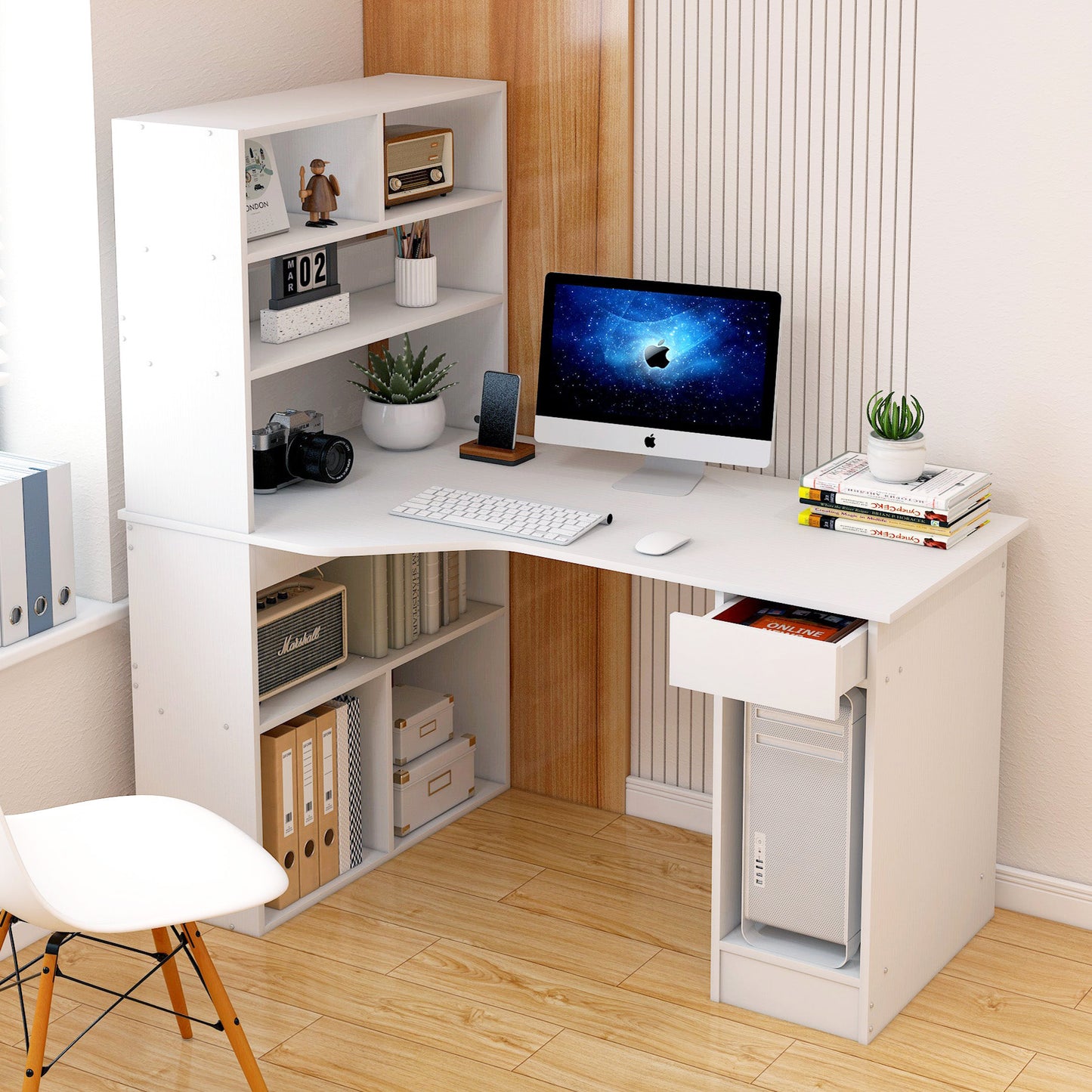 Large Combination Workstation Computer Desk with Storage Shelves (White)
