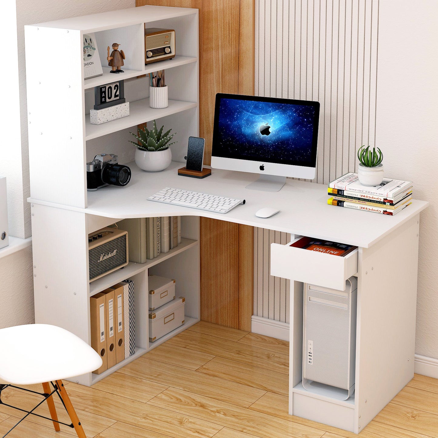 Large Combination Workstation Computer Desk with Storage Shelves (White)