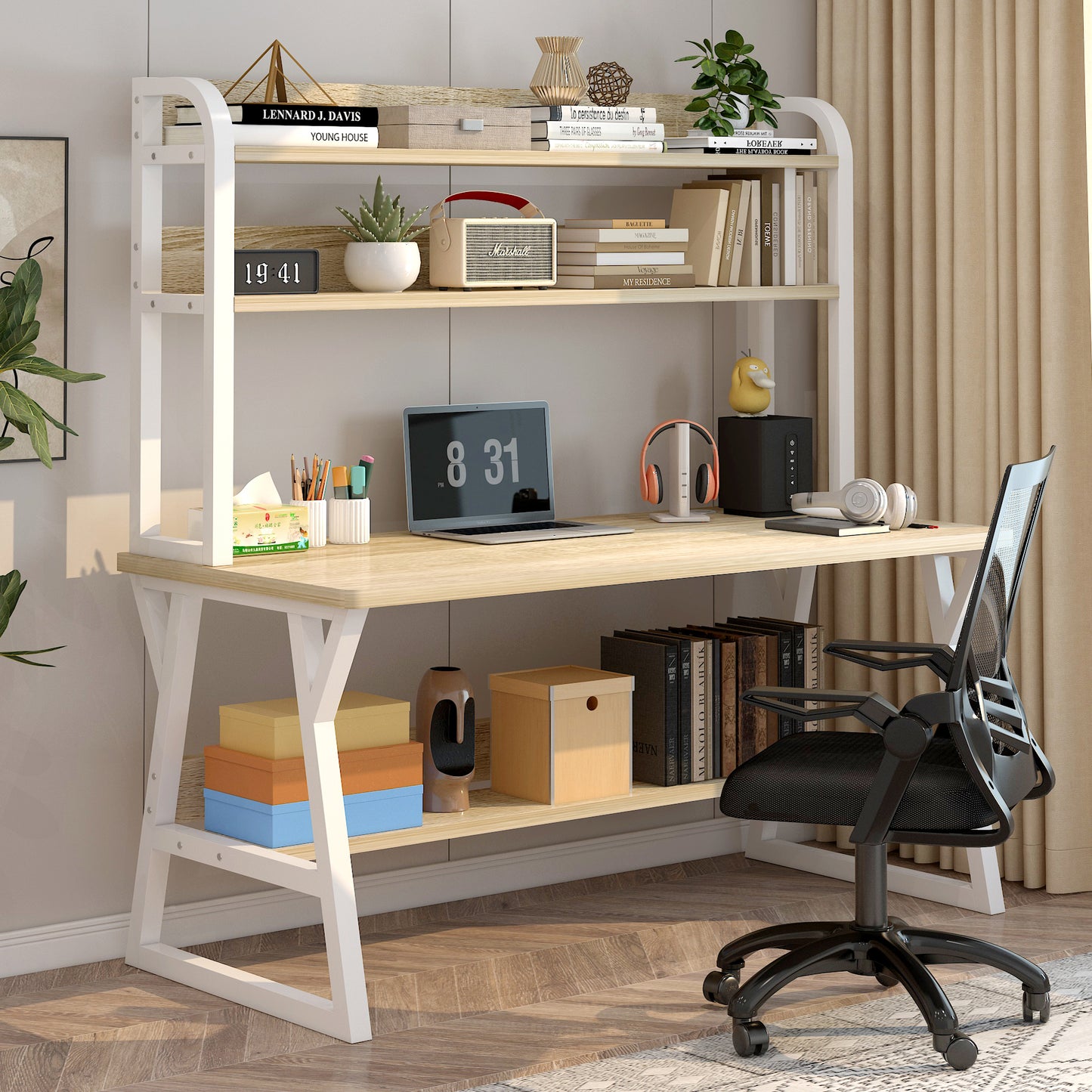 Aspire Large Industrial Office Computer Desk Workstation with Bookshelf (White Oak)