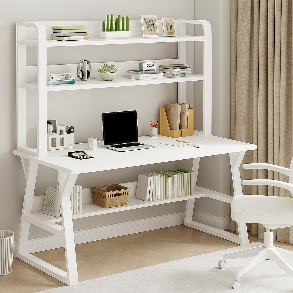 Aspire Large Industrial Office Computer Desk Workstation with Bookshelf (White)