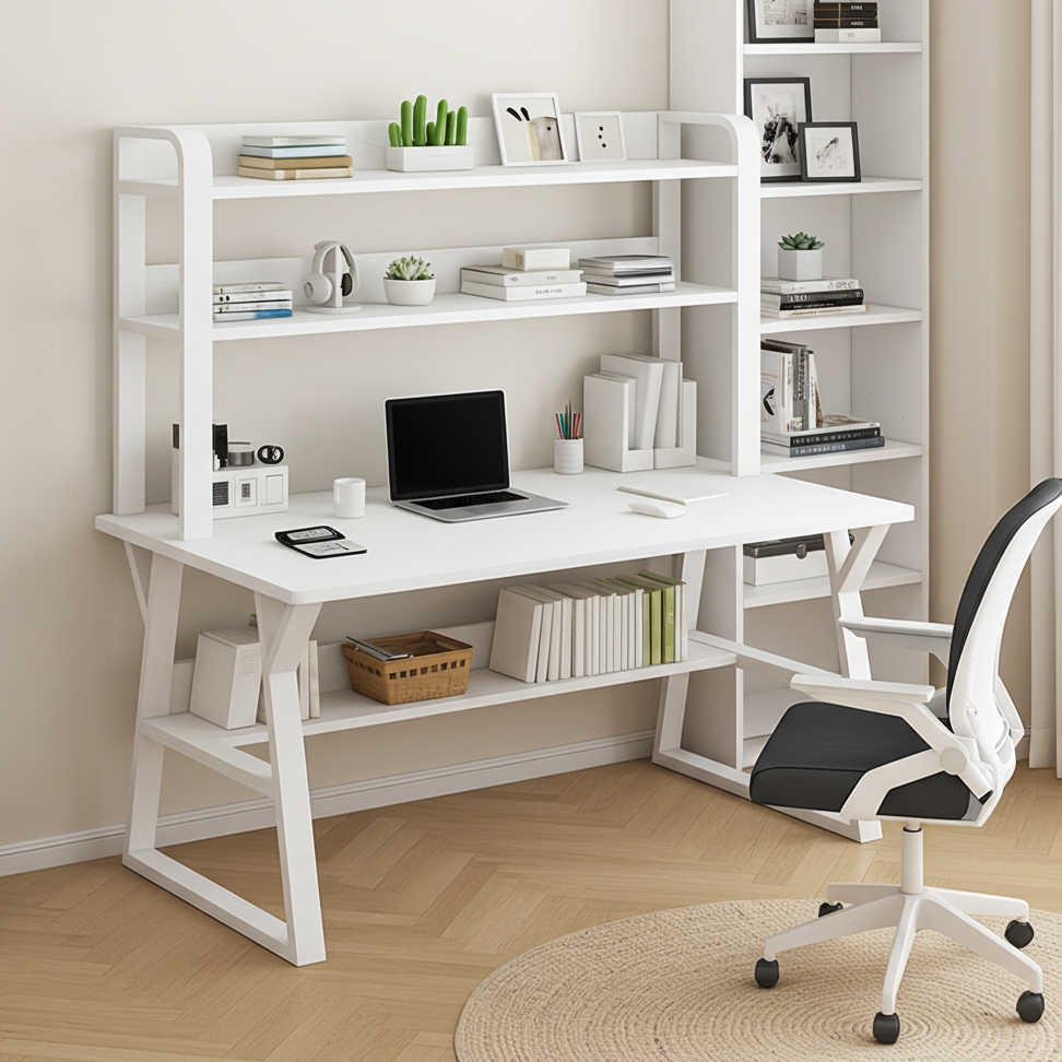 Aspire Large Industrial Office Computer Desk Workstation with Bookshelf (White)