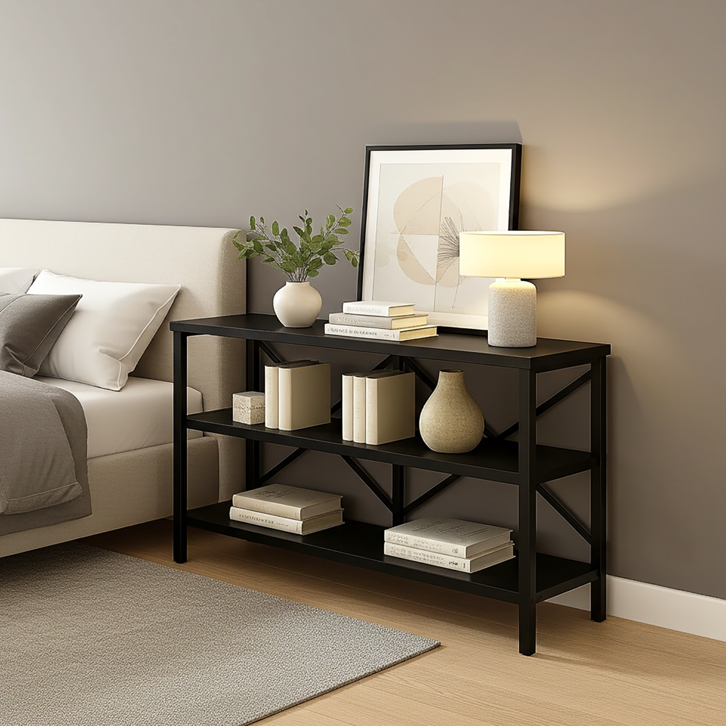 Serenity Industrial Console Table Bookcase TV Stand Storage Shelf Unit (Black)