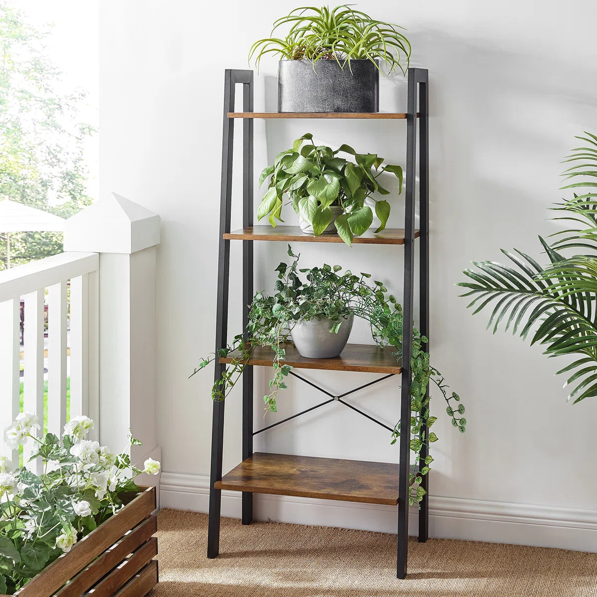 Elevate Rustic Wood & Metal 4-Tier Ladder Shelf Bookcase Storage Organizer