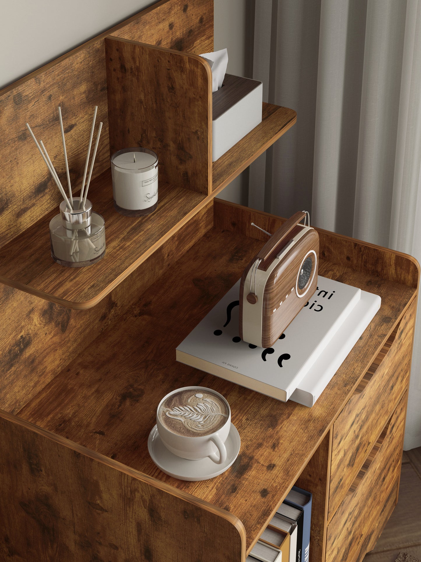 Harmony Tall Rustic Bed Side Table with Chest of Drawers and Shelf