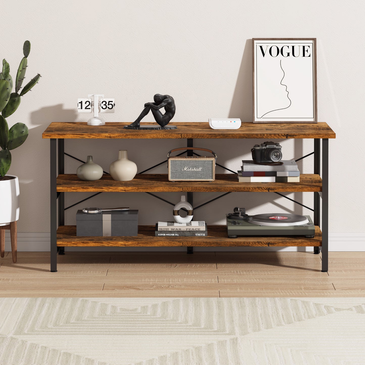 Rustic Industrial Console Table Bookcase TV Stand Storage Shelf Unit