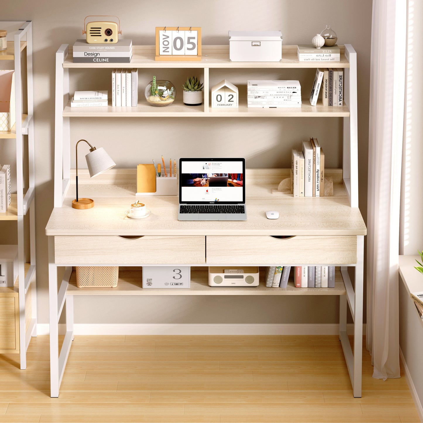 Enterprise Large Computer Desk Workstation with Shelves & Drawers (White Oak)