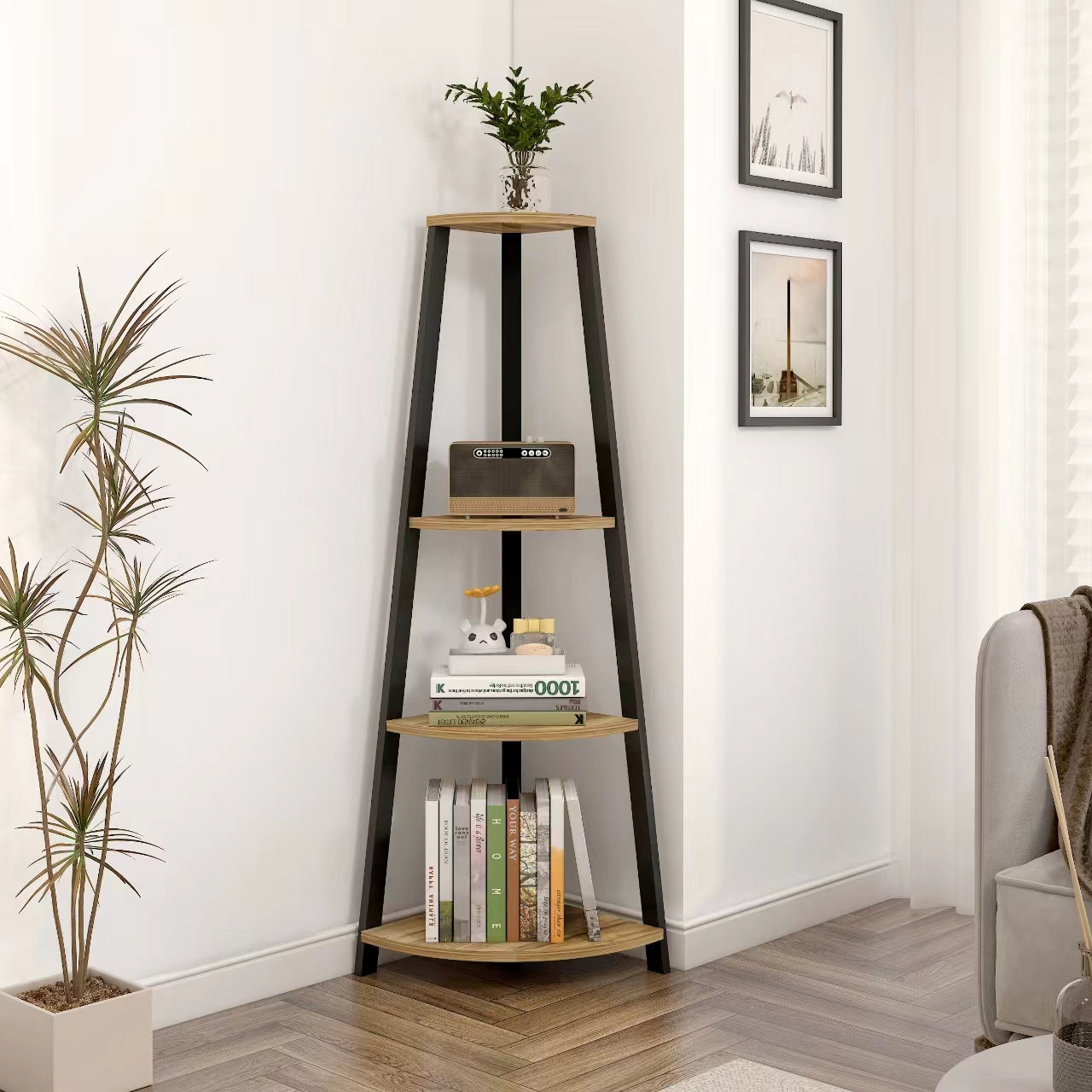 4-Tier Corner Ladder Shelf Unit Rustic Wood & Steel Display Stand Storage Rack (Oak)