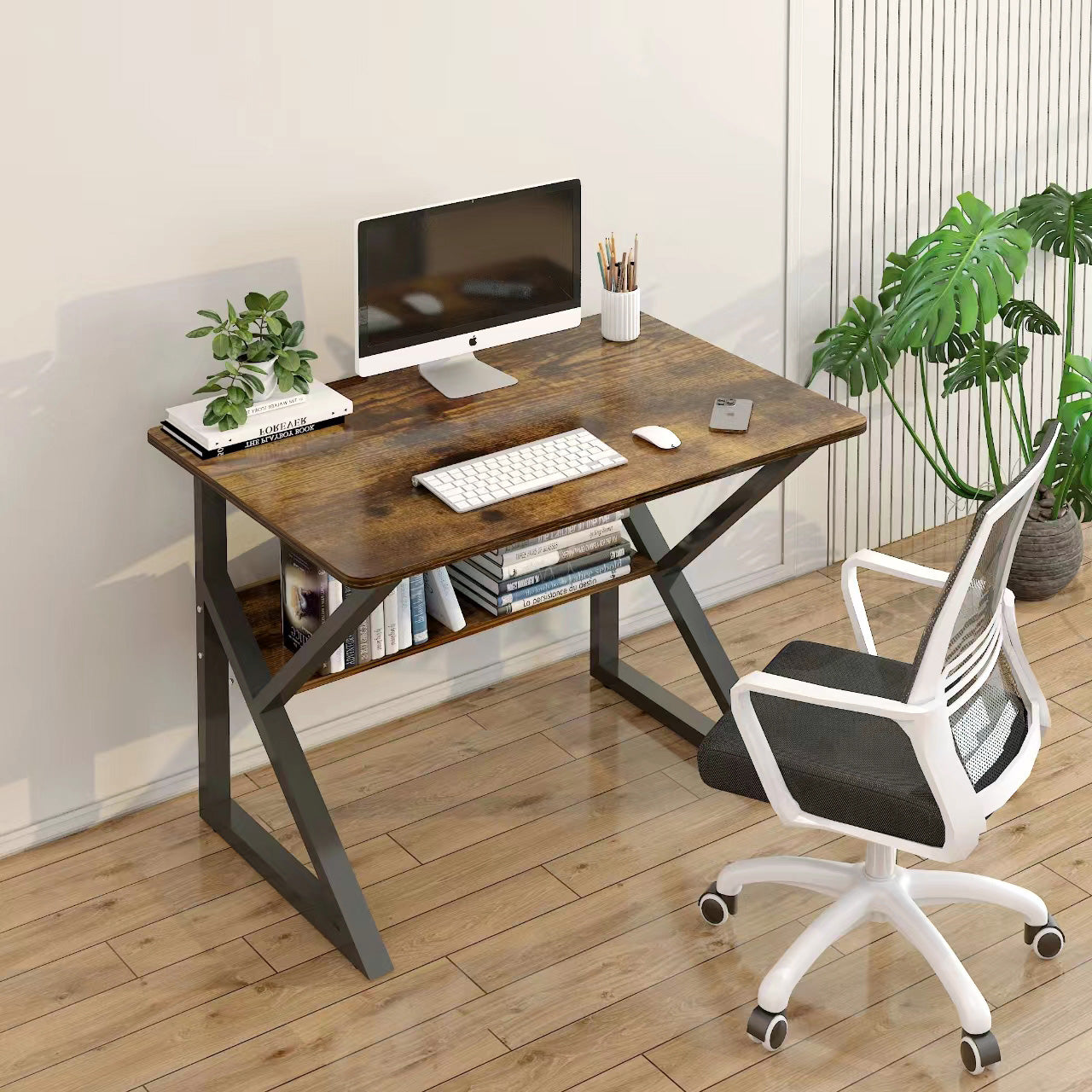 Kori Wood & Metal Computer Desk with Shelf (Rustic Wood) - 80cm