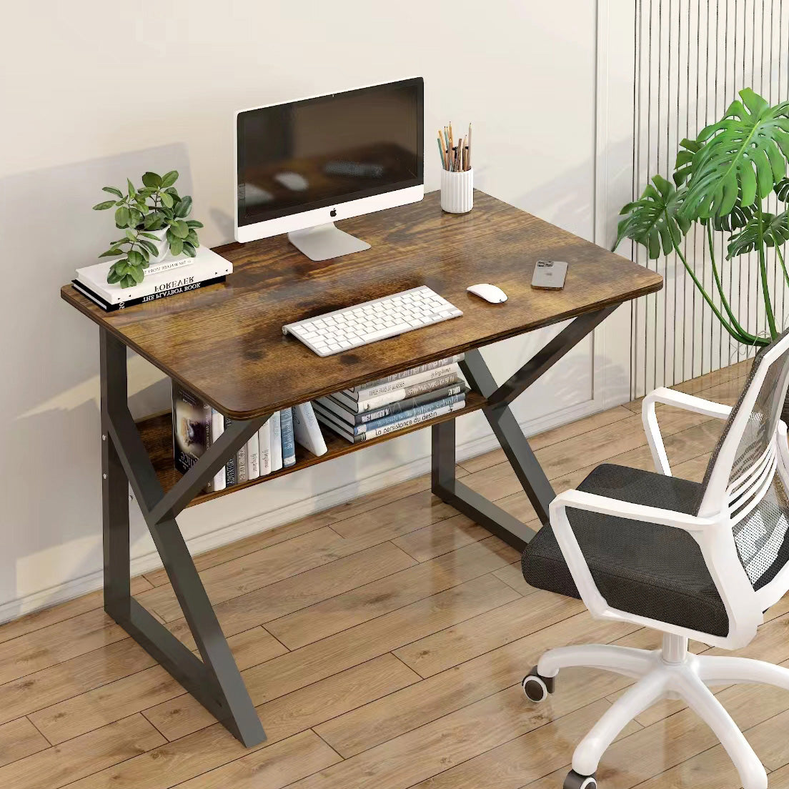 Kori Wood & Metal Computer Desk with Shelf (Rustic Wood) - 80cm