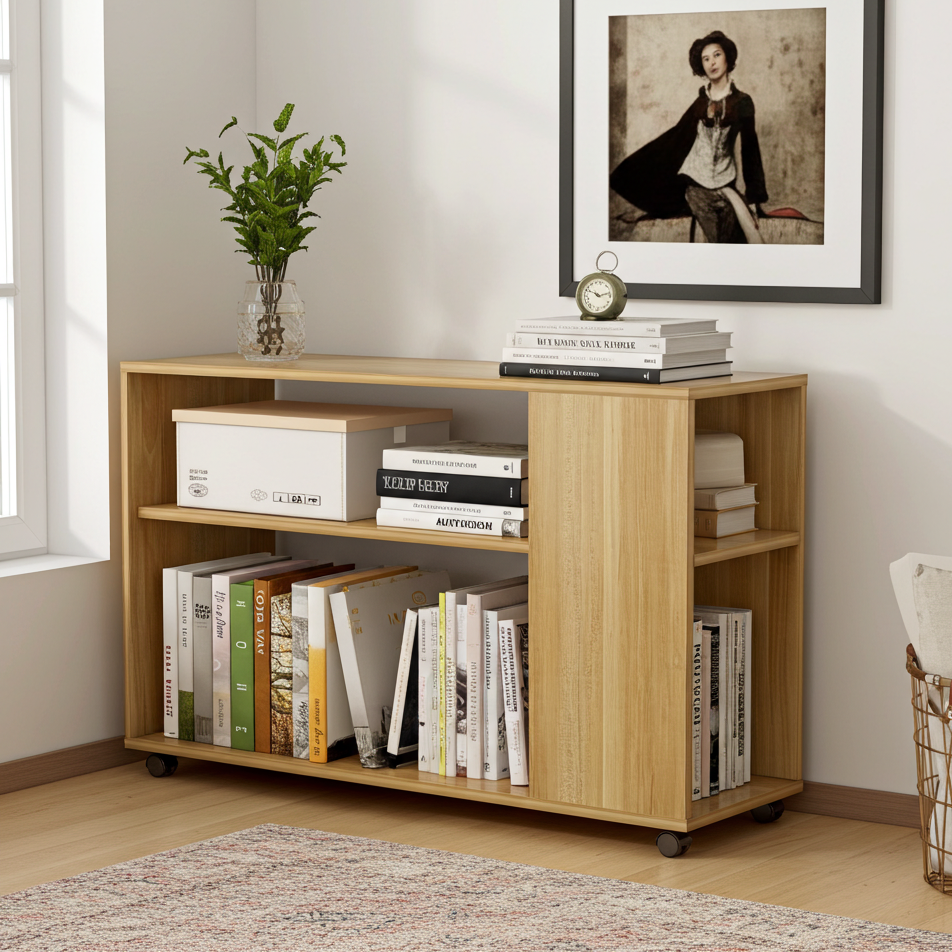 Large Versatile Sofa Side Table & Magazine Shelf with Casters (Oak)