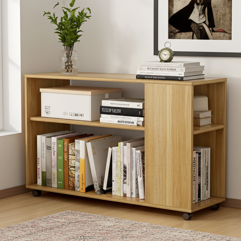 Large Versatile Sofa Side Table & Magazine Shelf with Casters (Oak)