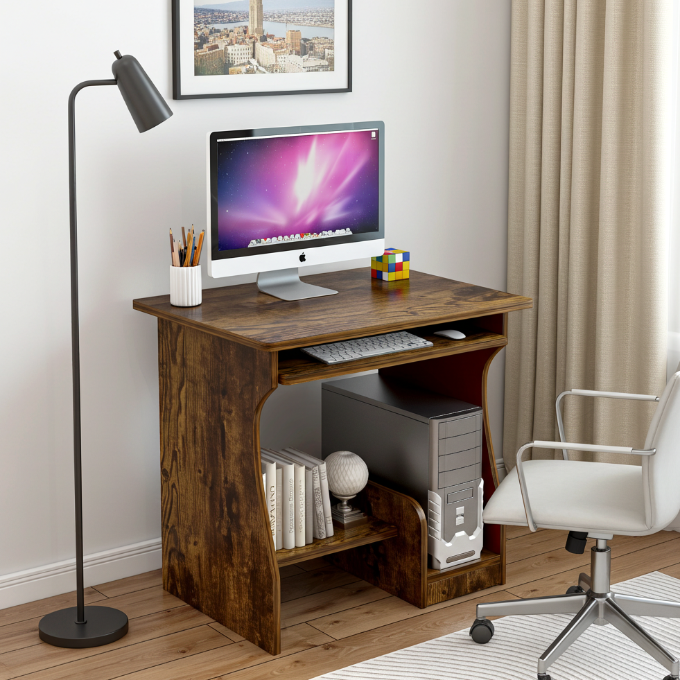 Essential Computer Desk with Shelves (Rustic Wood)