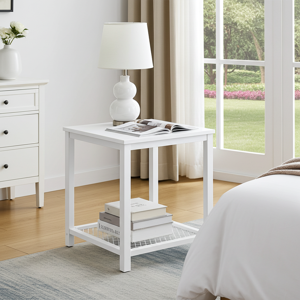 Loft White Industrial Wood & Steel Side Table with Storage Shelf