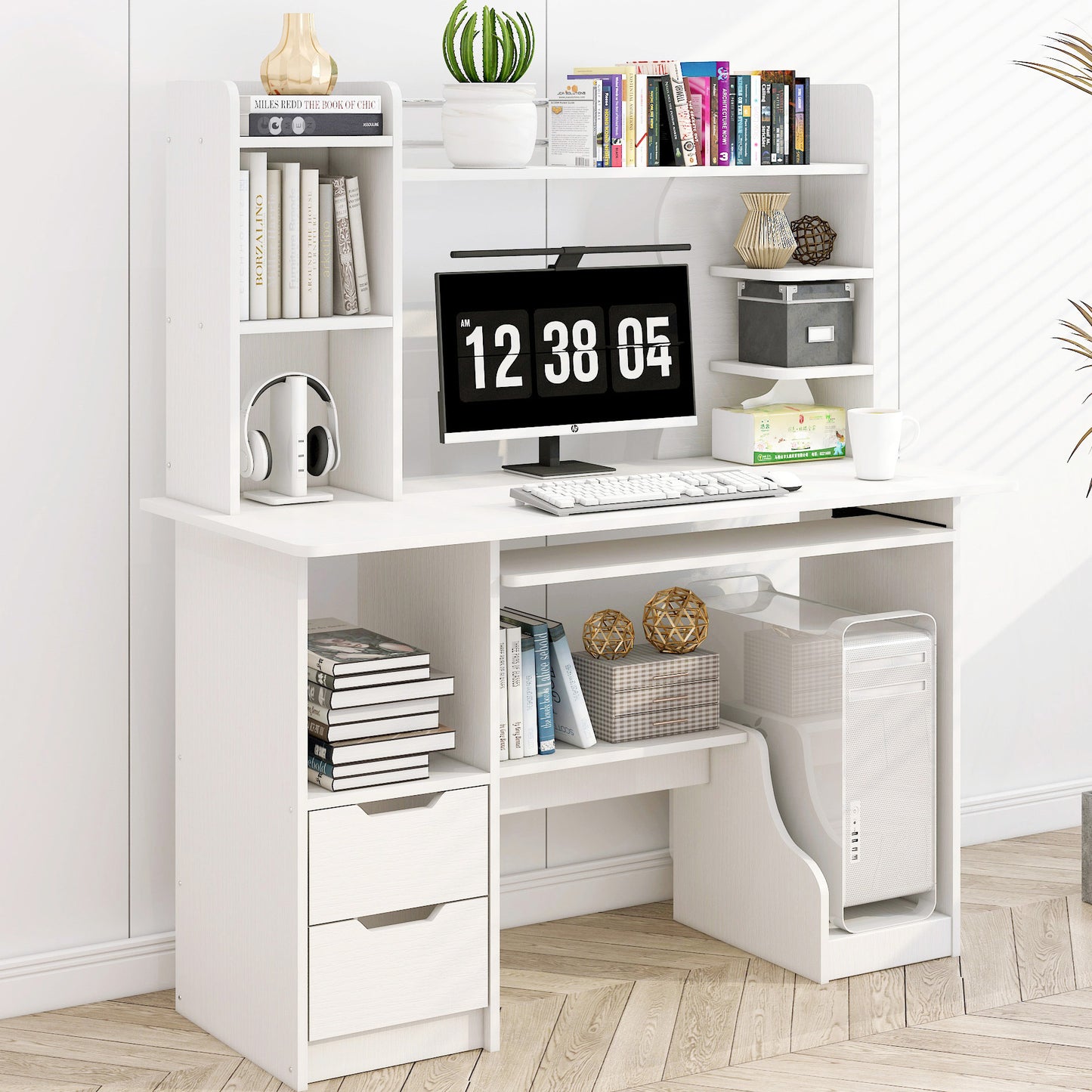Expert Computer Desk Workstation with Shelf & Cabinet (White)