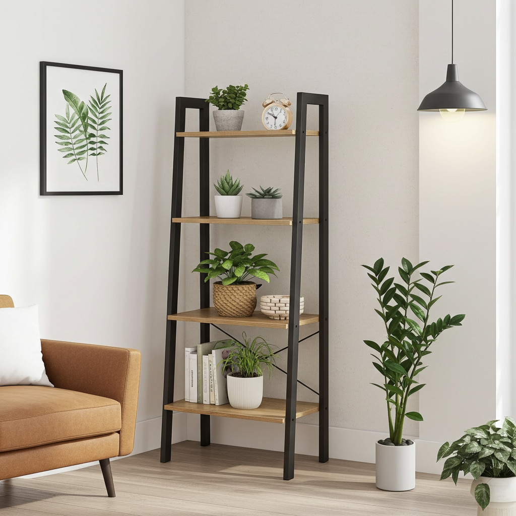 Elevate Rustic Oak 4-Tier Ladder Shelf Wood & Metal Bookcase Storage Organizer