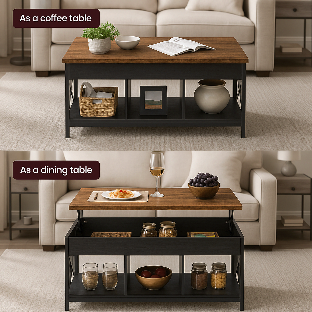Elara Multifunction Lift Top Coffee Table with Hidden Storage Shelf Organizer