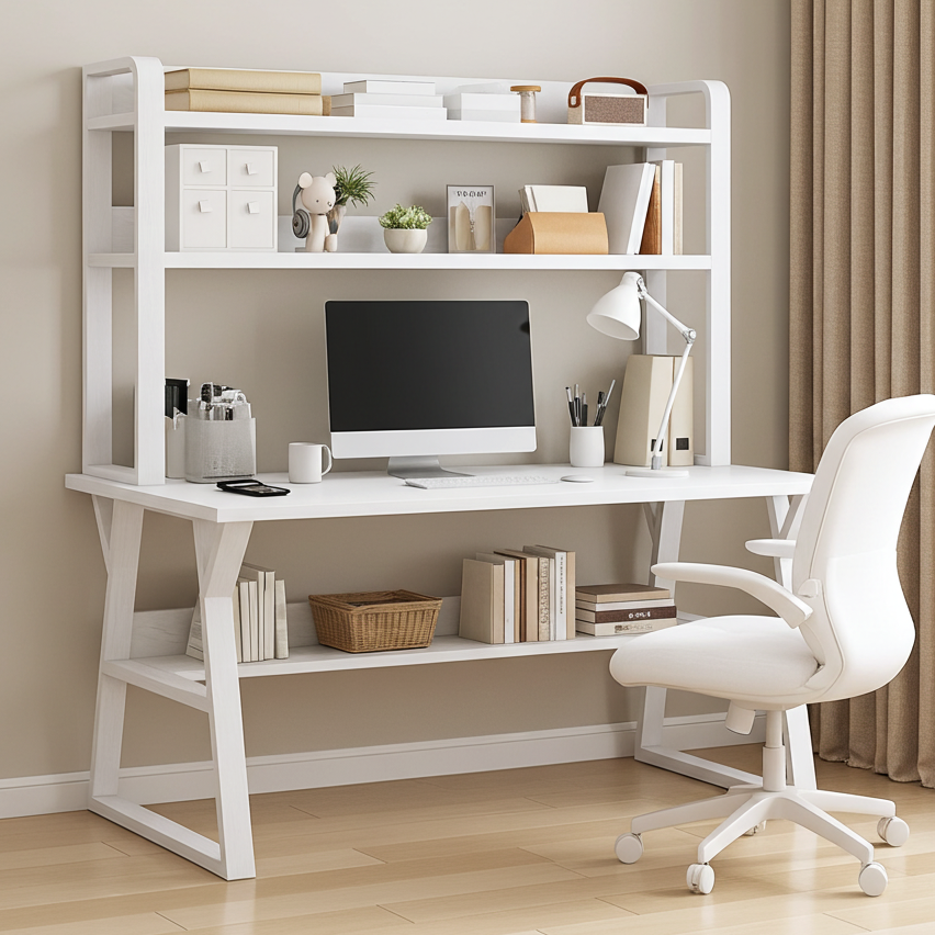 Aspire Large Industrial Office Computer Desk Workstation with Bookshelf (White)