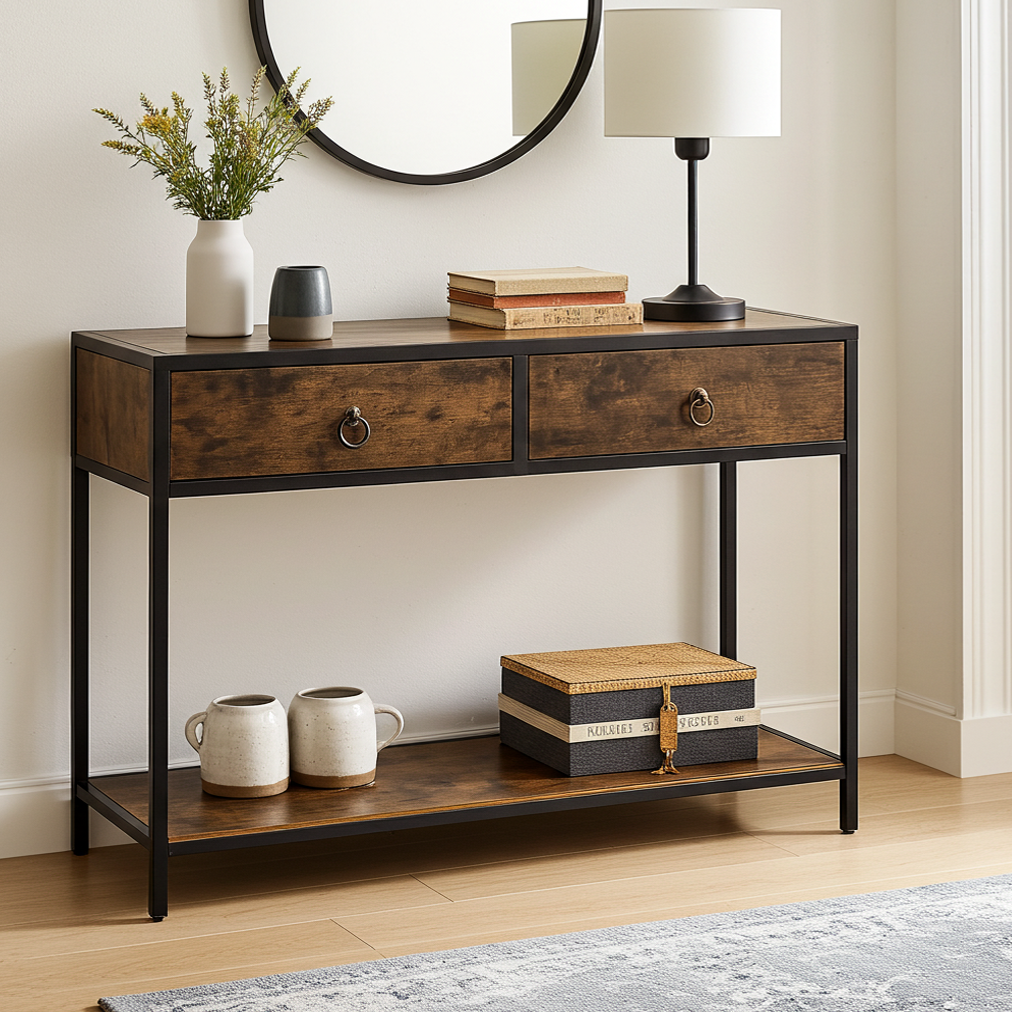Essence Rustic Console Table with Drawers Hallway Entry Storage Shelf
