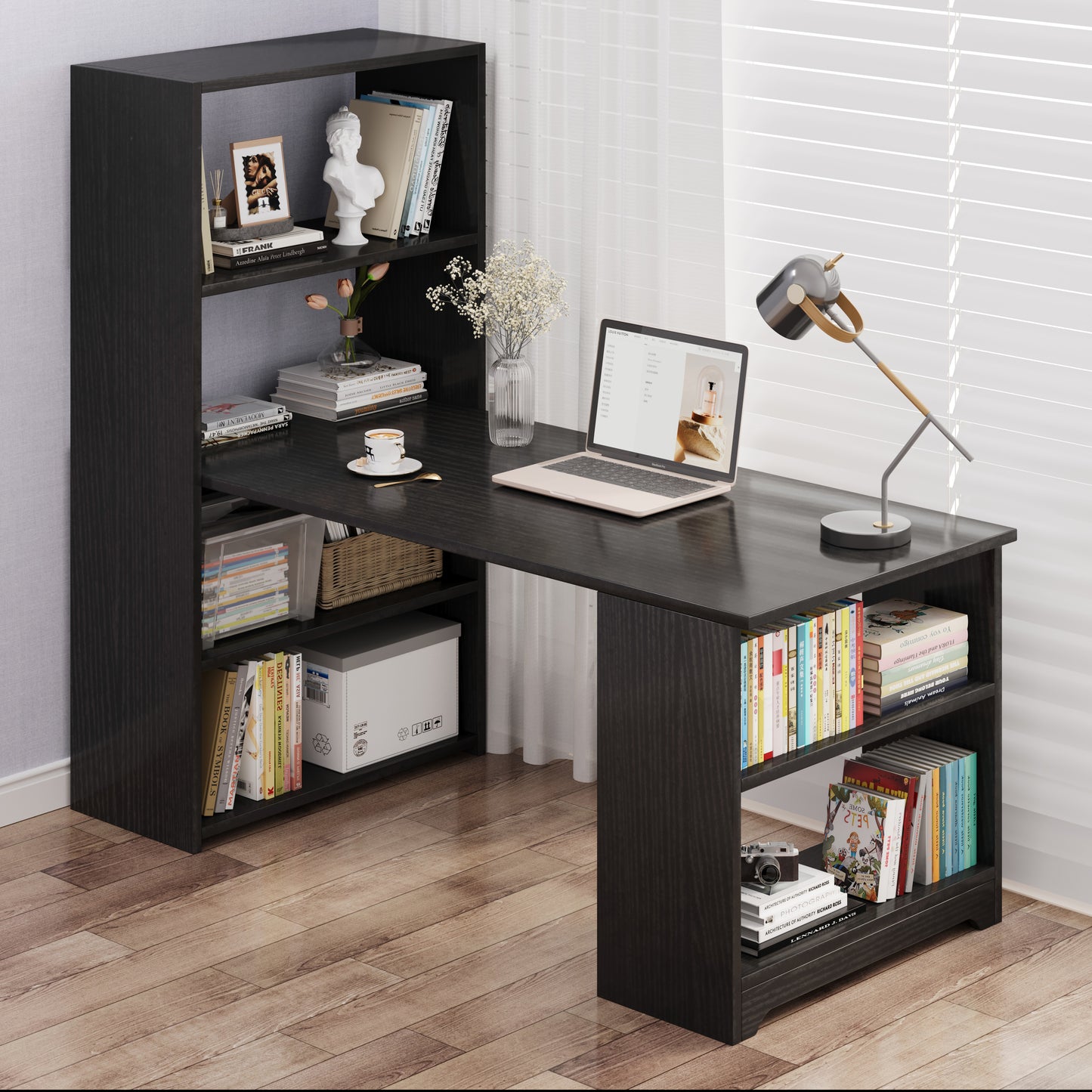 Varossa's Organizer Combination Workstation Computer Desk with 6 Storage Shelves (Black Wood)