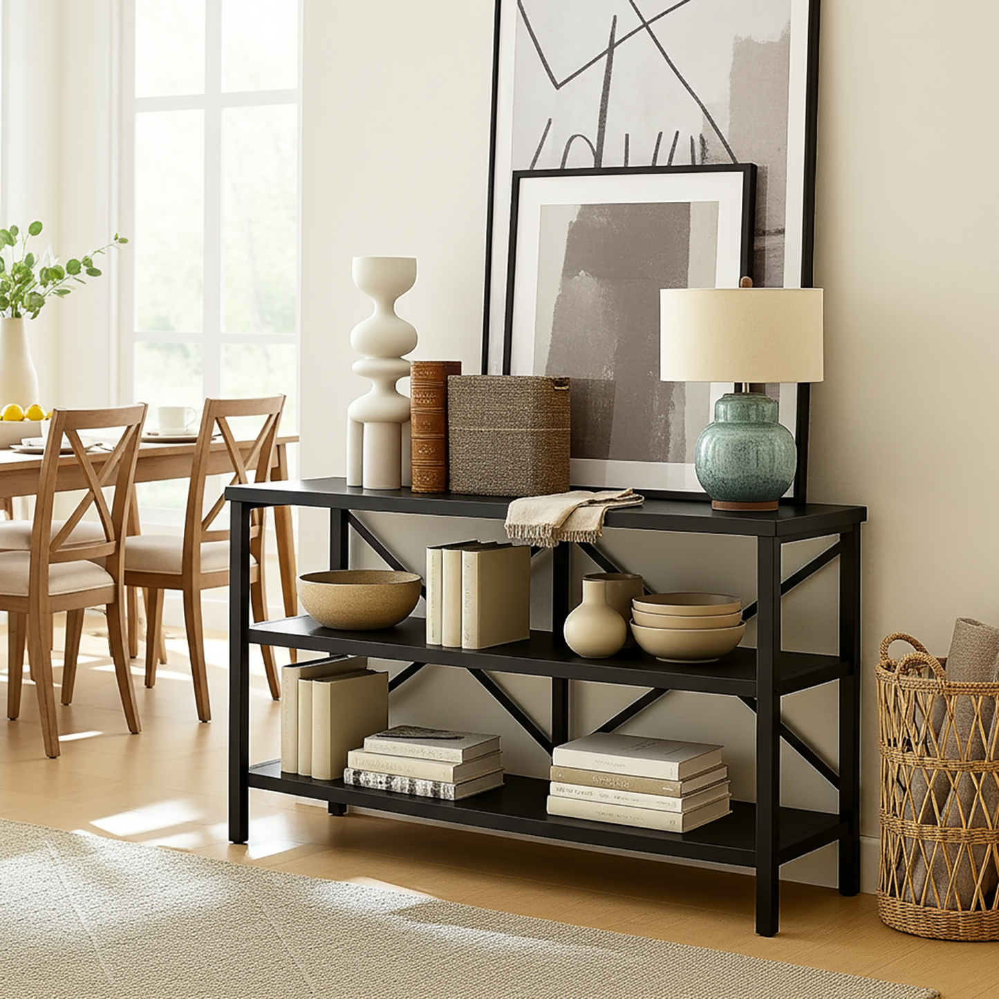 Serenity Industrial Console Table Bookcase TV Stand Storage Shelf Unit (Black)