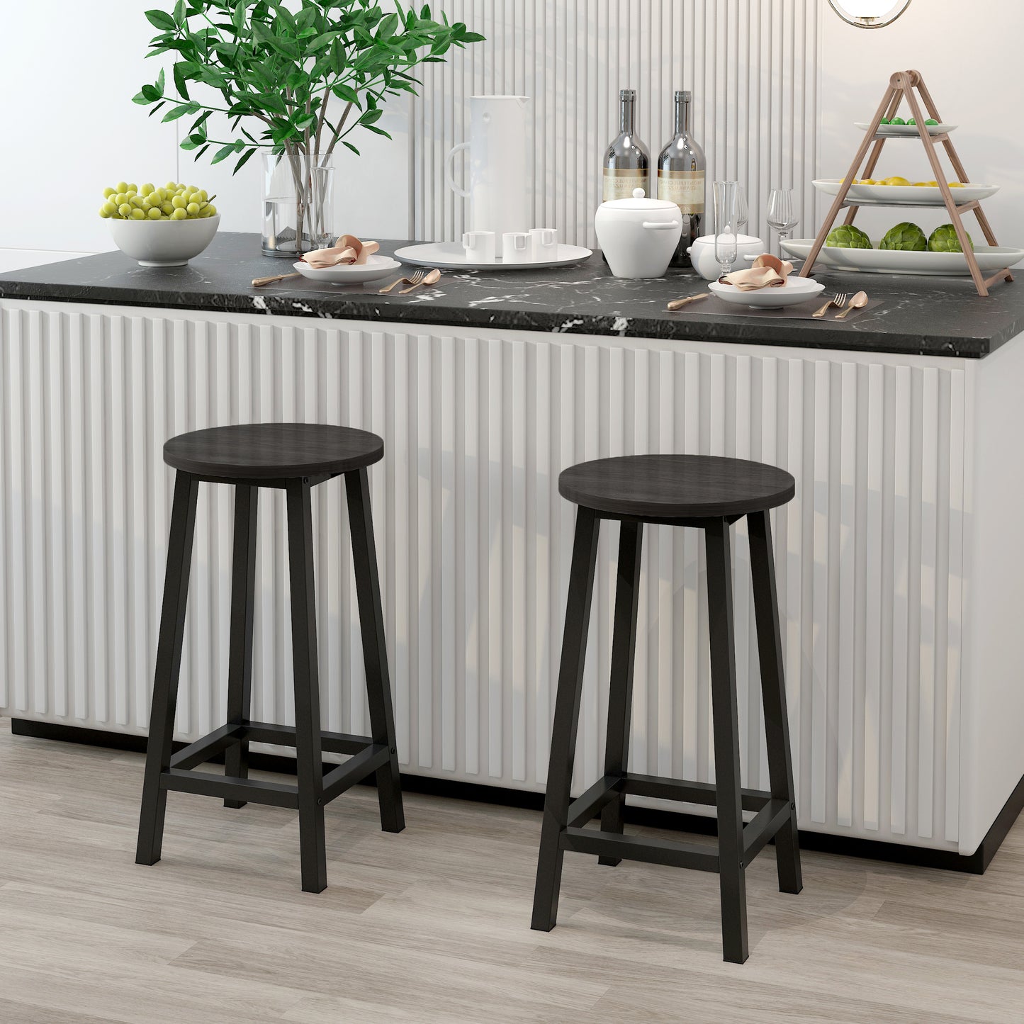 2 x Modern Industrial Bar Stools Black Wood & Metal Kitchen Counter Seating