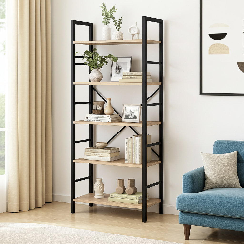 5 Tier Multifunction Heavy Duty Bookcase Wood & Steel Storage Shelf Organizer (Coastal Oak)