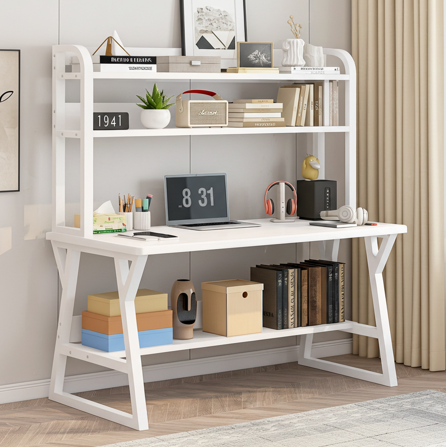 Aspire Large Industrial Office Computer Desk Workstation with Bookshelf (White)