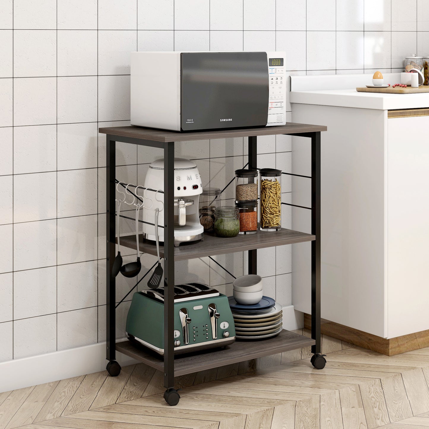 Atlas Wood & Steel Multipurpose Utility Cart Storage Shelf Kitchen Trolley (Grey)