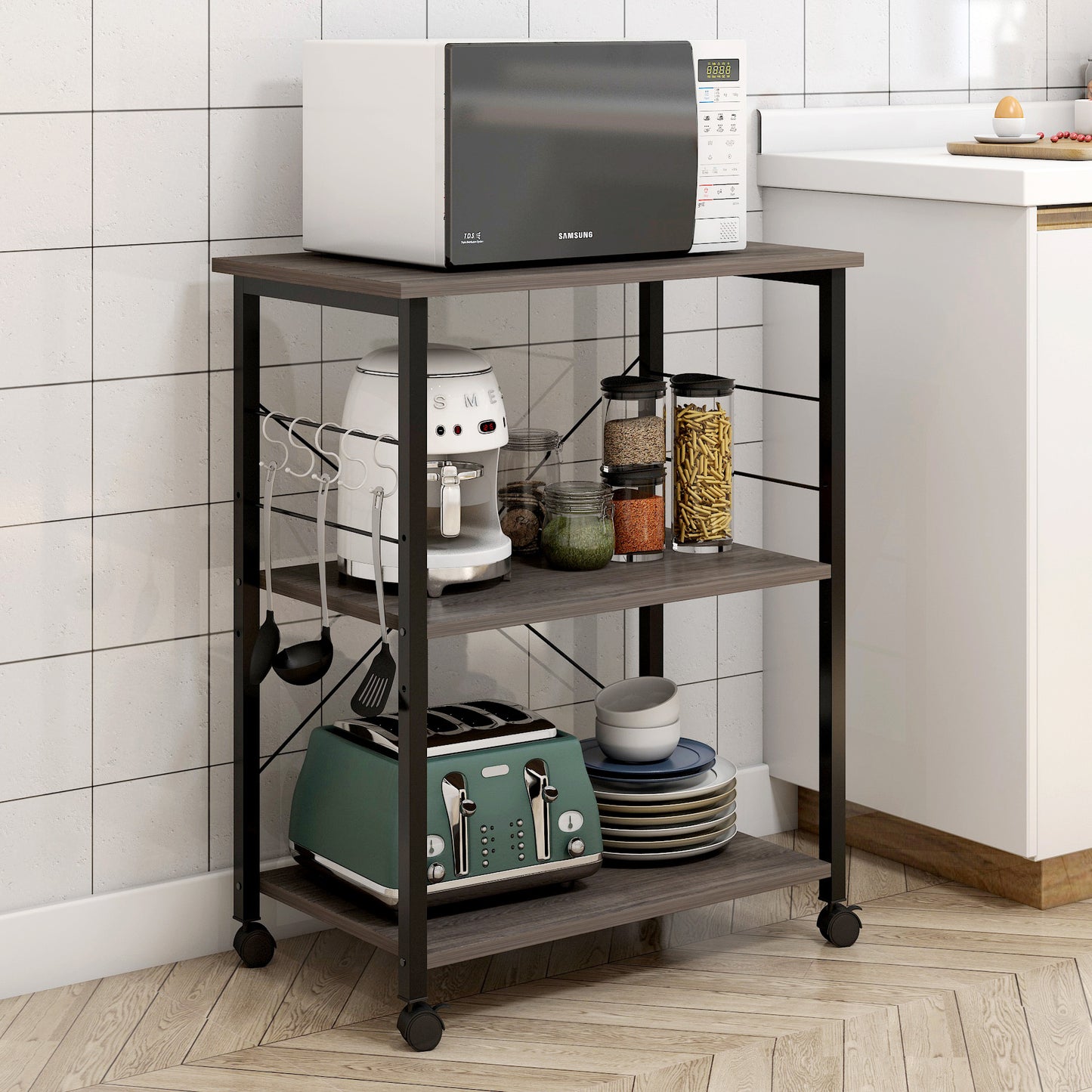 Atlas Wood & Steel Multipurpose Utility Cart Storage Shelf Kitchen Trolley (Grey)