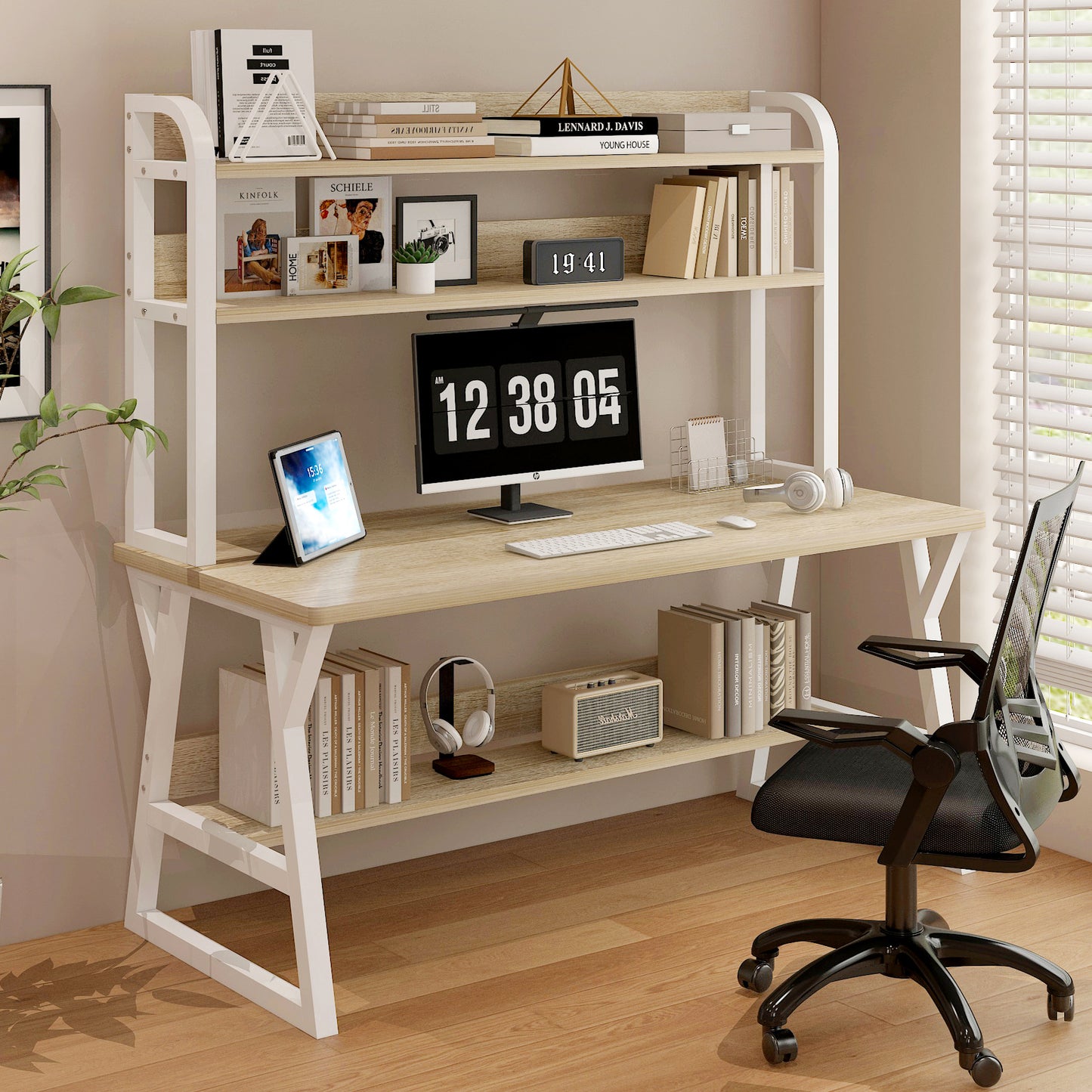Aspire Large Industrial Office Computer Desk Workstation with Bookshelf (White Oak)