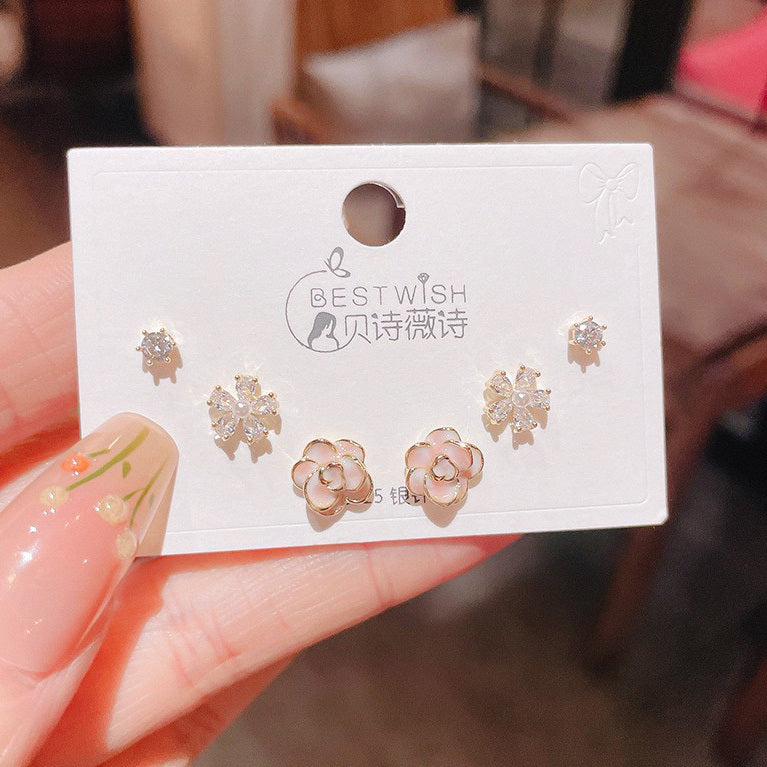 3 Pairs Beautiful Blossom Sterling Silver Stud Earrings Set - Dshop.com.au