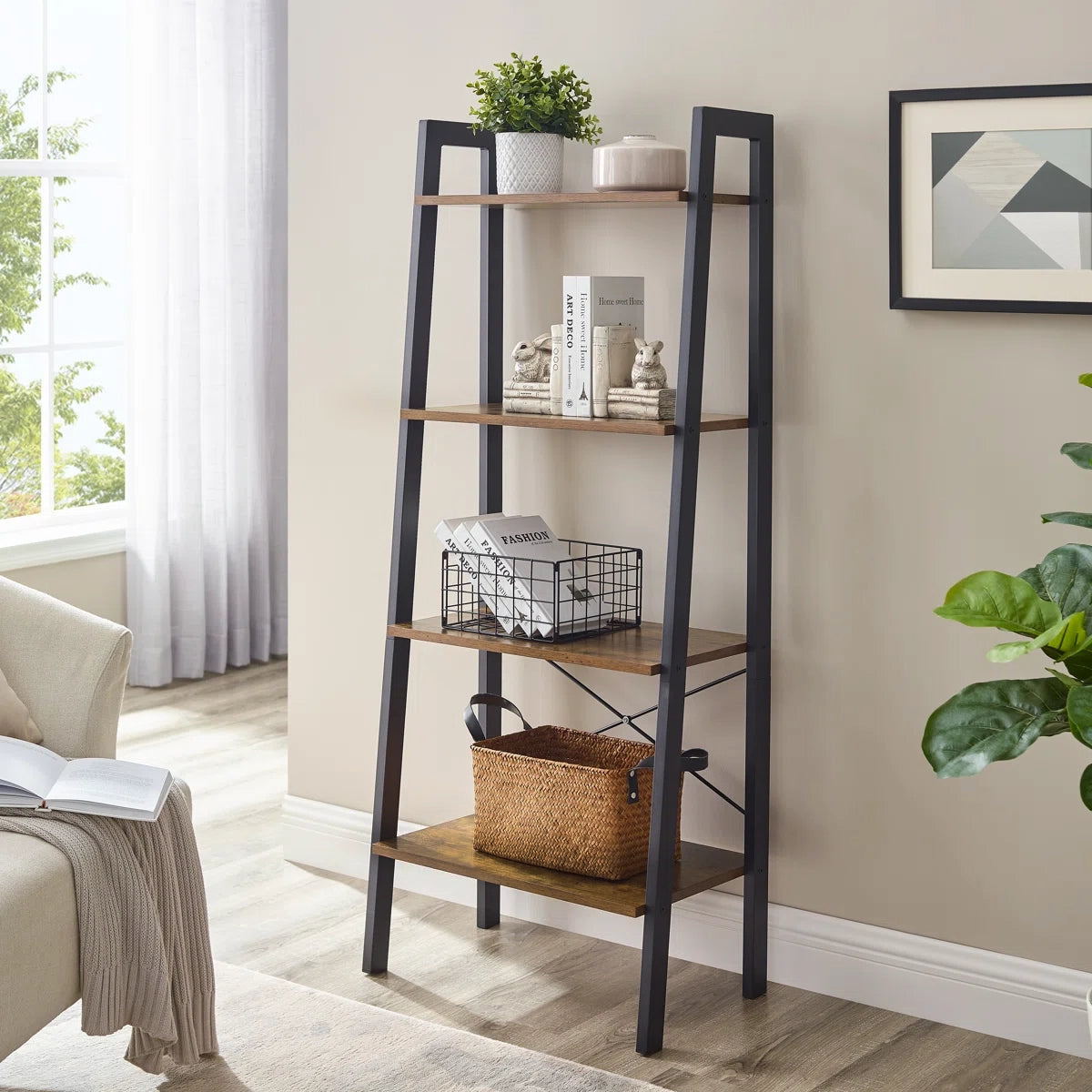 Elevate Rustic Wood & Metal 4-Tier Ladder Shelf Bookcase Storage Organizer