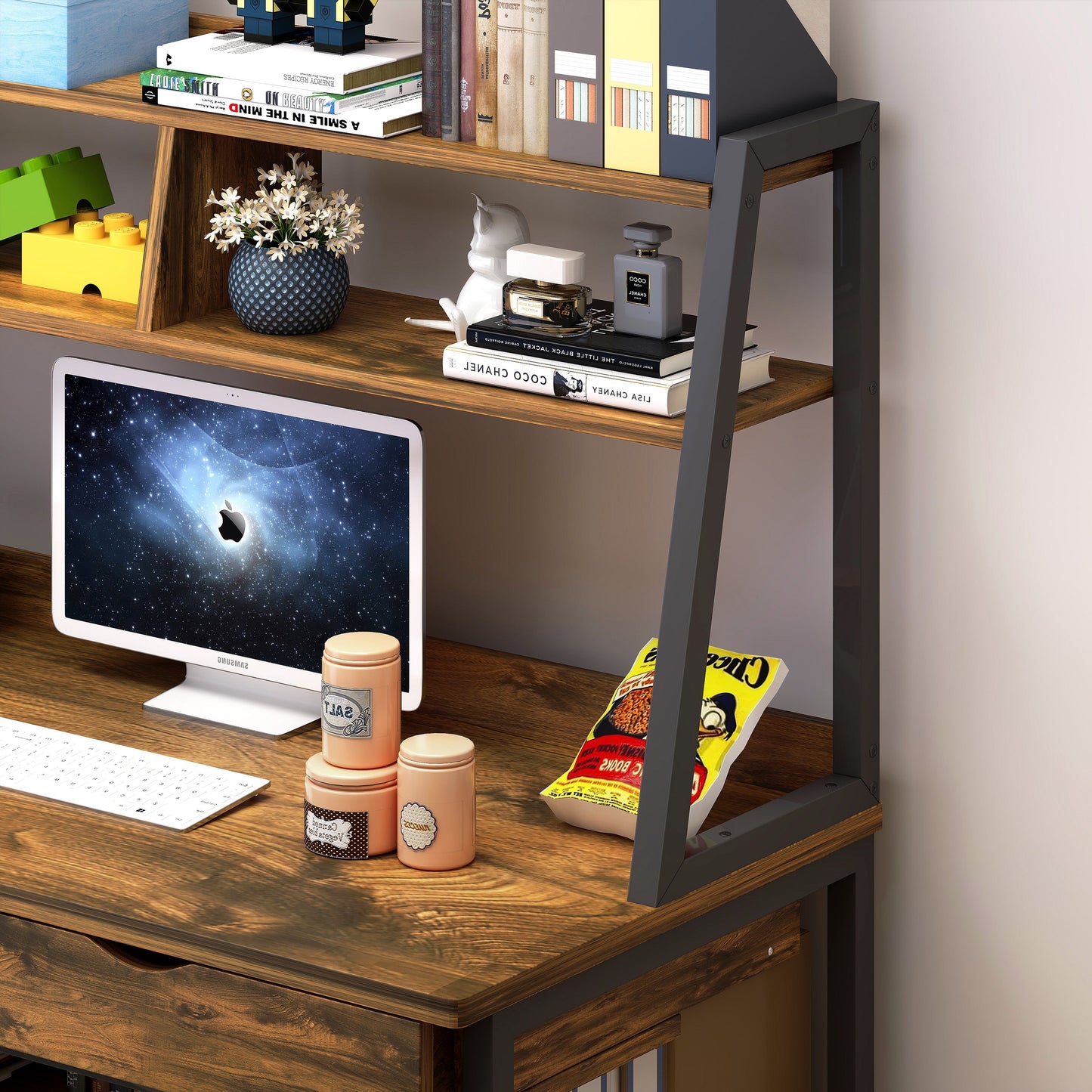 Enterprise Large Computer Desk Workstation with Shelves & Drawers (Rustic Wood)